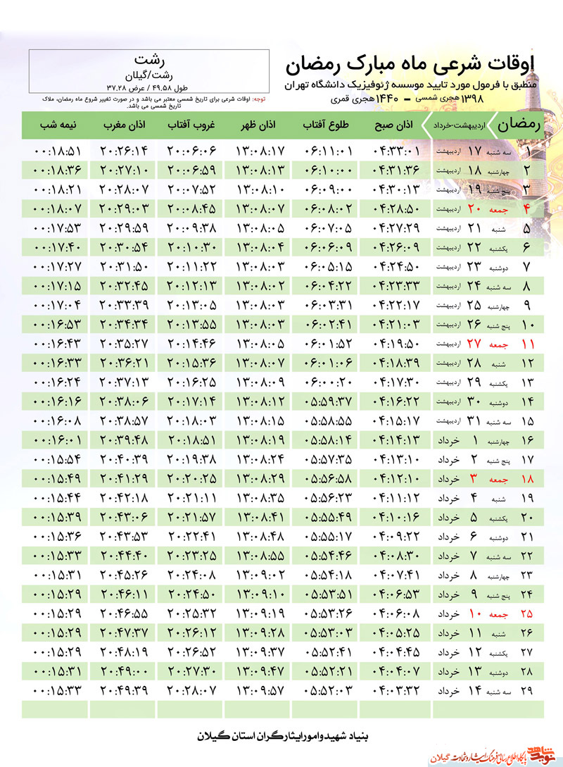 جدول اوقات شرعی رشت در ماه مبارک رمضان ۹۸
